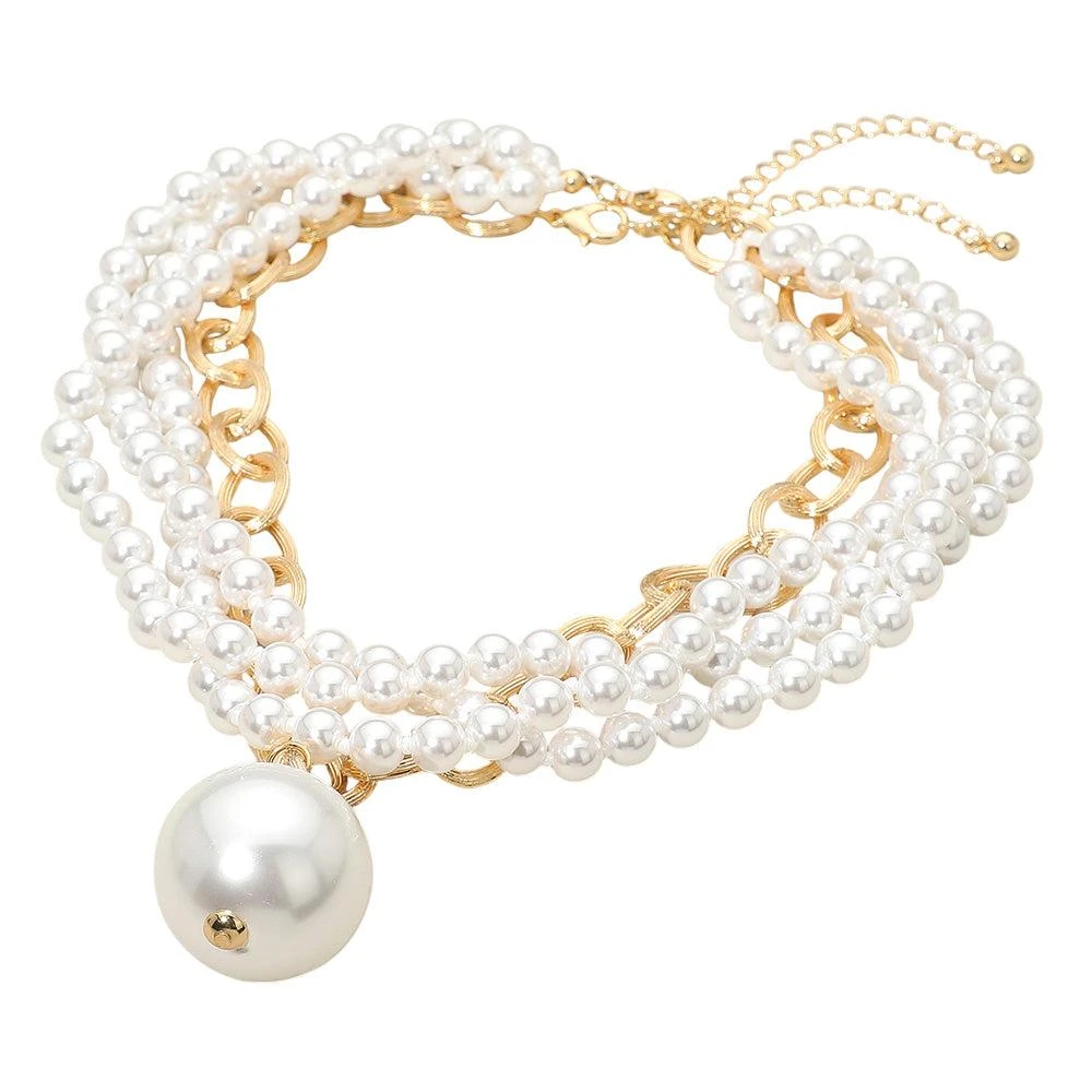 FASHNZFAB 2PCS - Chunky Pearl Pendant Layered Pearl Beaded Strand Necklaces 2