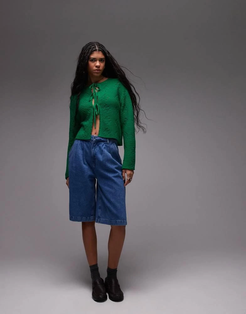 Topshop Topshop knitted pointelle tie cardi in green 2