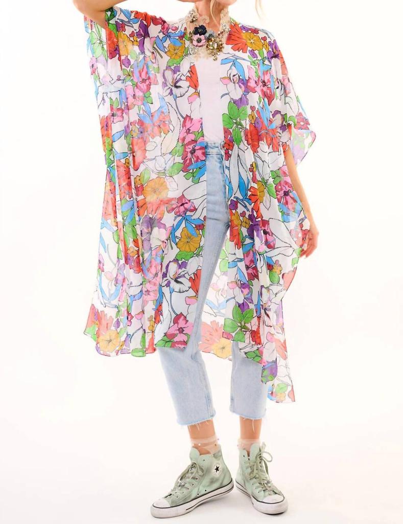 Aratta Virginia Embellished Floral Kimono In White Floral Print