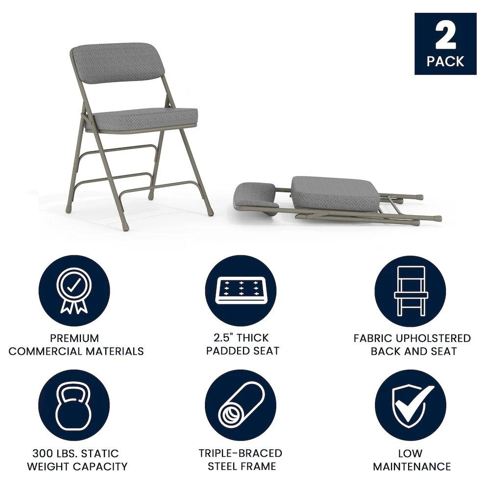 Flash Furniture 2 Pack Curved Triple Braced 
Double Hinged Gray Fabric Metal Folding Chair 4