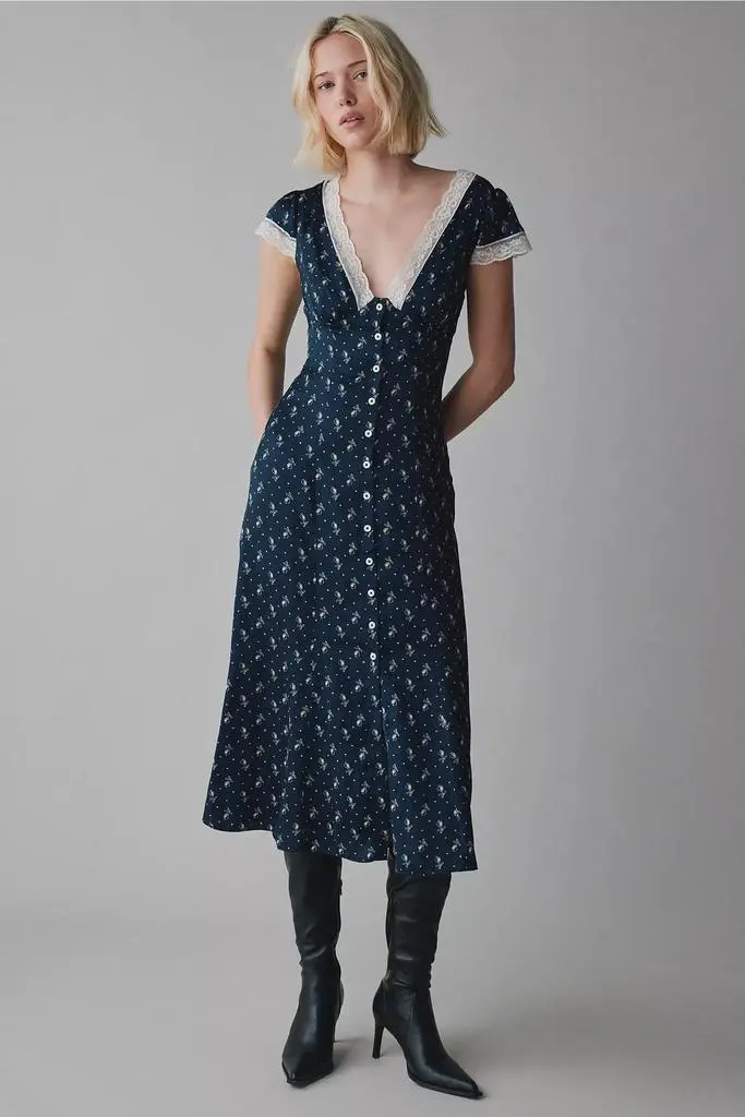 long blue dress formal Blue V-Neck Lace Long Prom Dress, A-Line Spaghetti Formal Dress