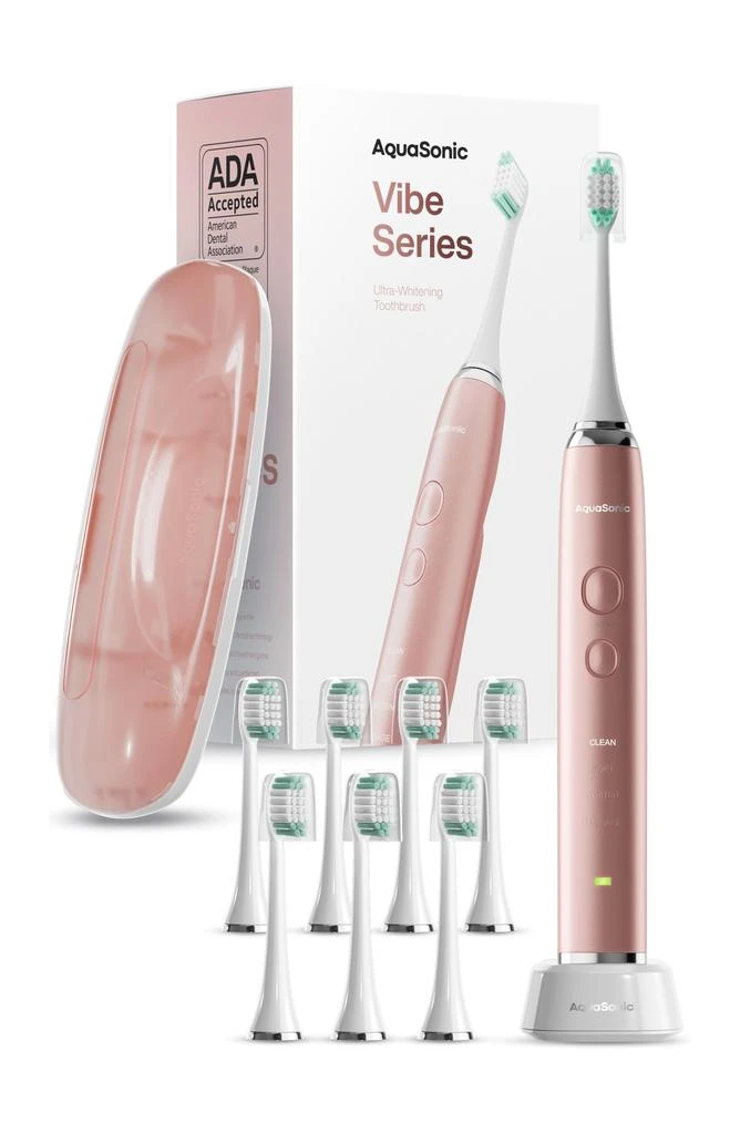 AQUASONIC VIBE Series Pink UltraSonic Whitening Toothbrush with 8 DuPont Brush Heads & Travel Case 1