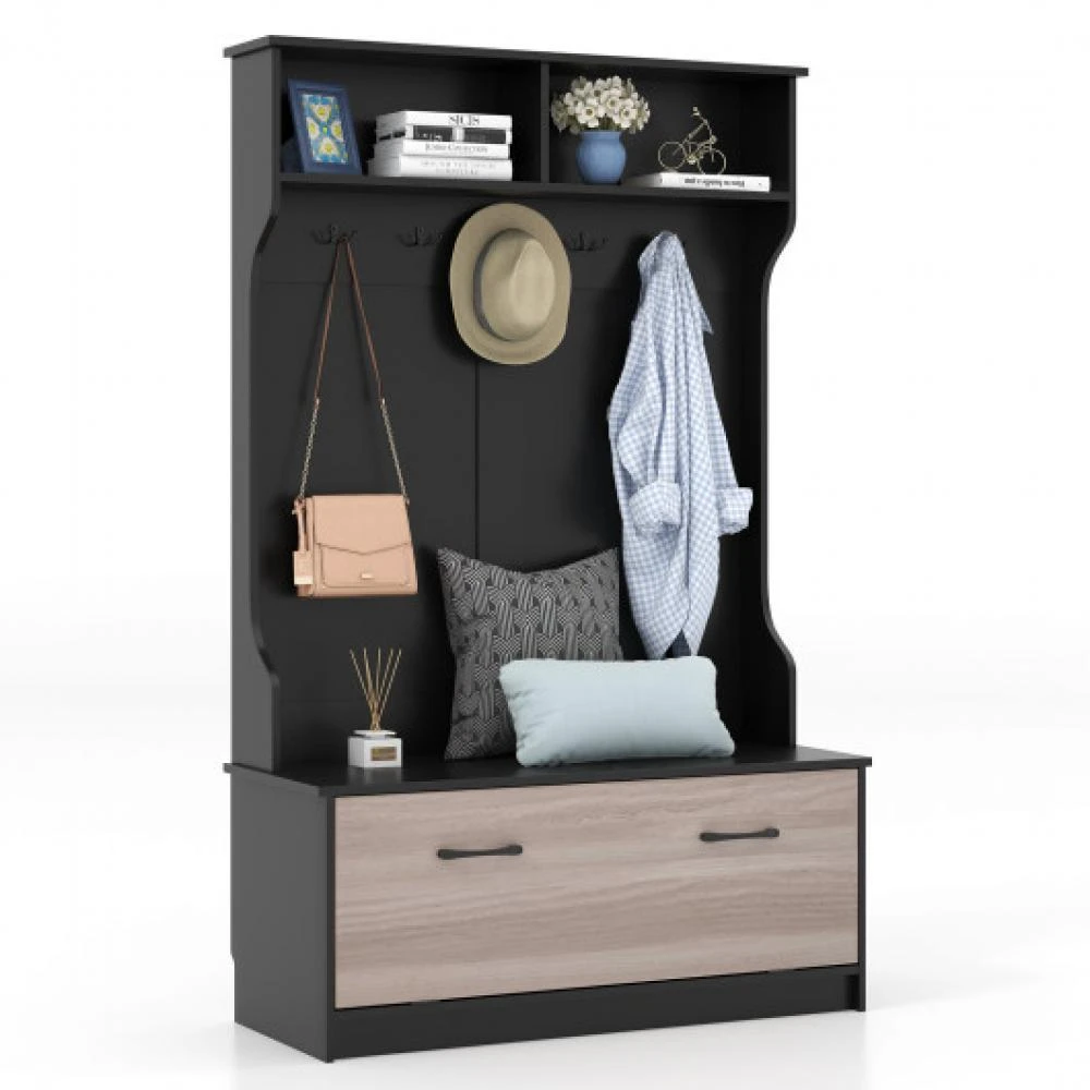 Hivvago 3 in 1 Coat Rack with Entryway Bench and Hooks and Enclosed Cabinet-Black 4