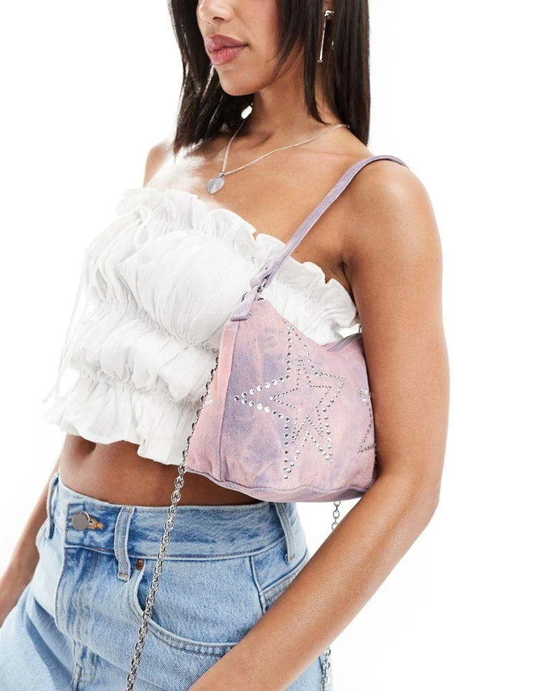 Bershka Bershka shoulder bag with star stud detail in washed purple denim 1