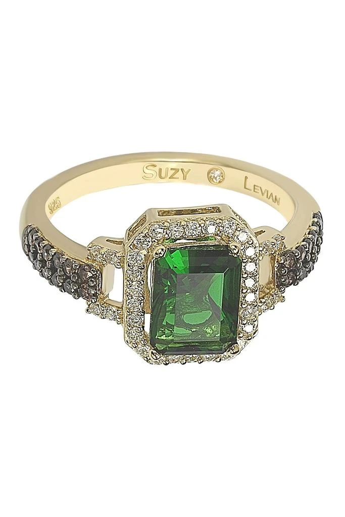 Suzy Levian Yellow-Tone Sterling Silver Prong Set Emerald Cut & Pave CZ Ring 1
