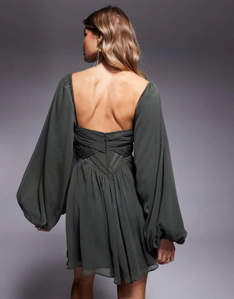 ASOS ASOS DESIGN blouson sleeve corset detail skater mini dress in dark olive 2