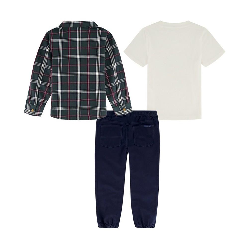 Nautica Baby Boys J-Class Logo T-shirt, Long Sleeve Plaid Shirt and Twill Joggers, 3 Piece Set