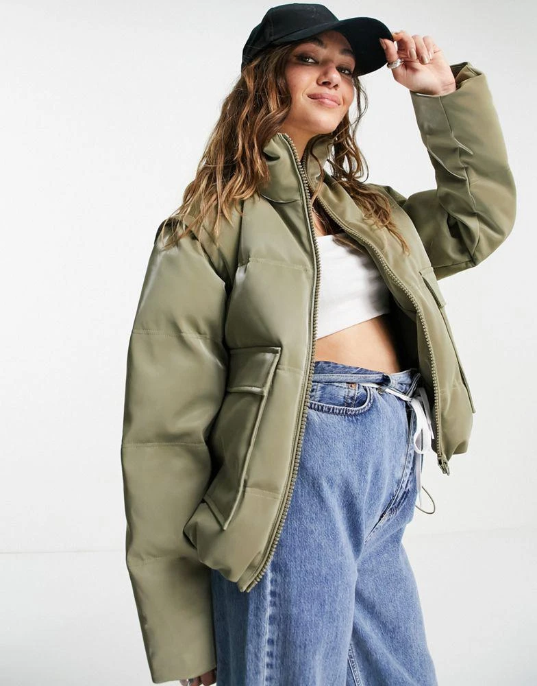 Topshop Topshop sheen puffer jacket with removeable sleeves in khaki 1