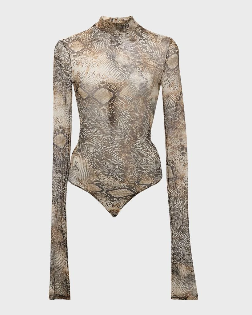 LAPOINTE Snakeskin-Print Mesh Mock-Neck Long-Sleeve Bodysuit 2
