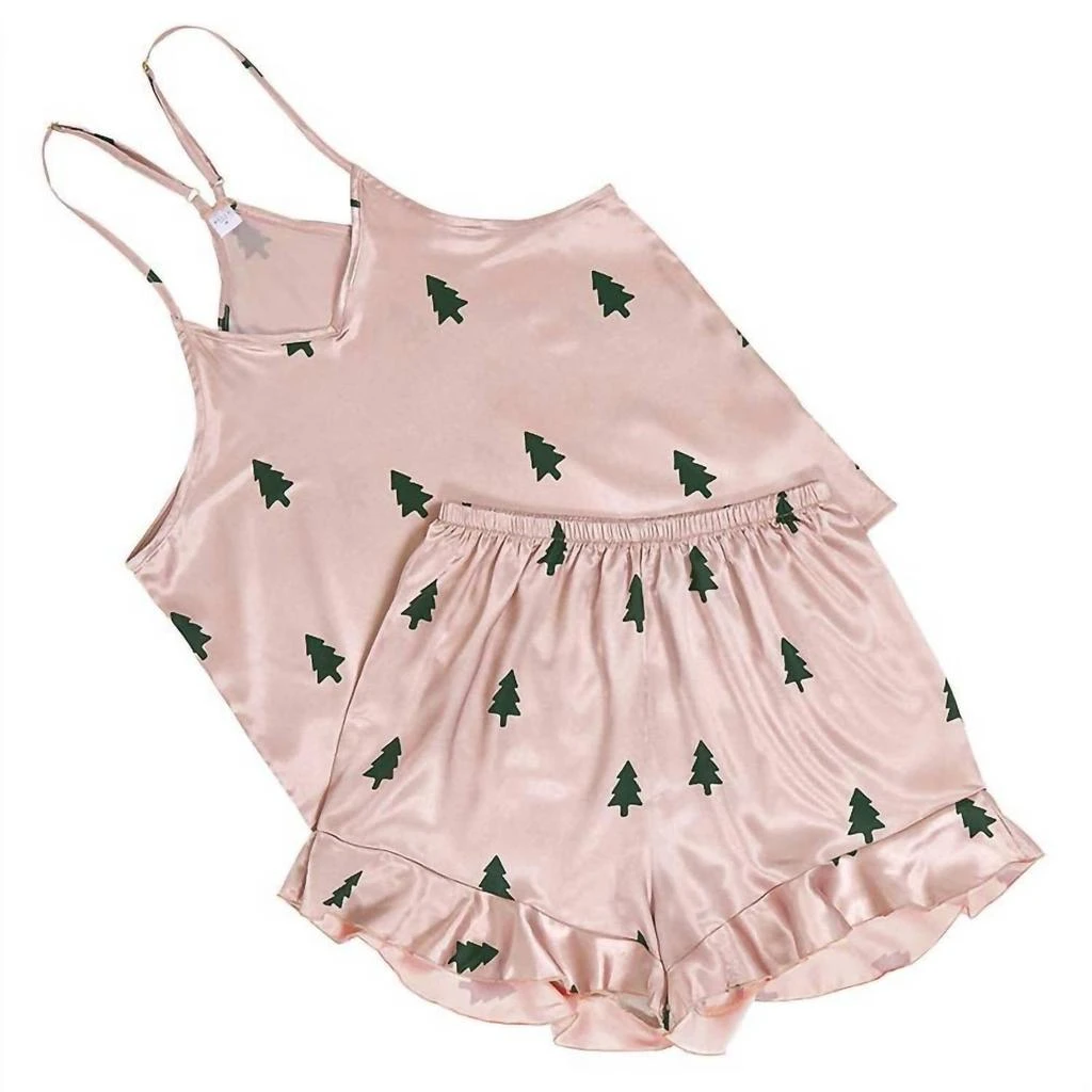 Bella Sleep + Spa Woodland Tree Satin Cami And Ruffled Shorts Pajama Set In Pinkpi 2