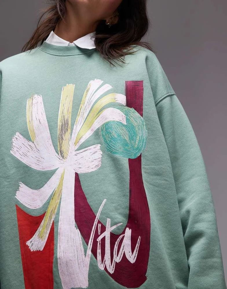Topshop Topshop oversized washed sweatshirt with abstract graphic in green 3