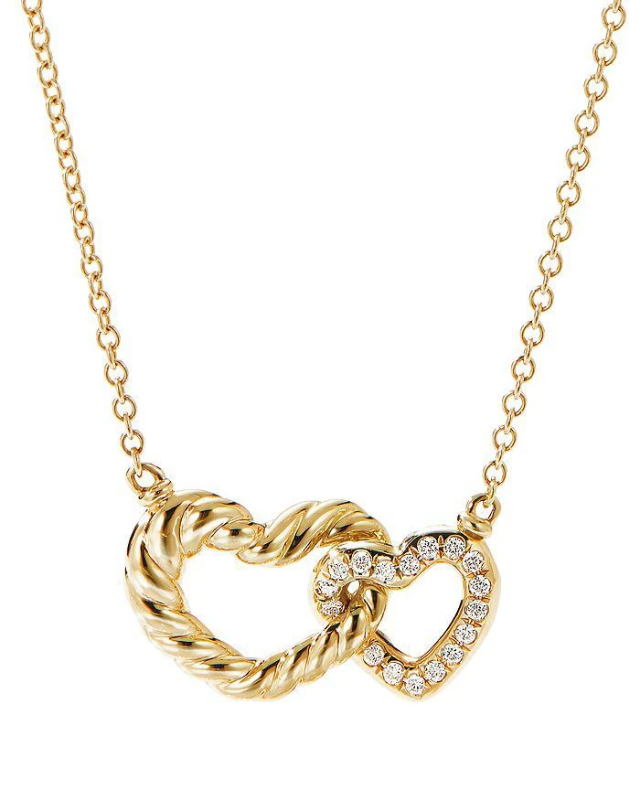 David Yurman Cable Double Heart Pendant Necklace with 18K Yellow Gold with Pavé Diamonds, 18"