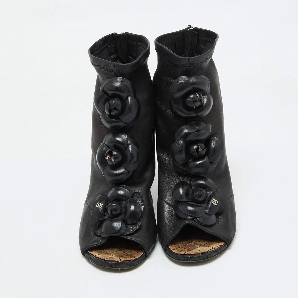 Chanel Chanel Black Leather CC Camellia Ankle Cork Wedge Boots Size 39 3