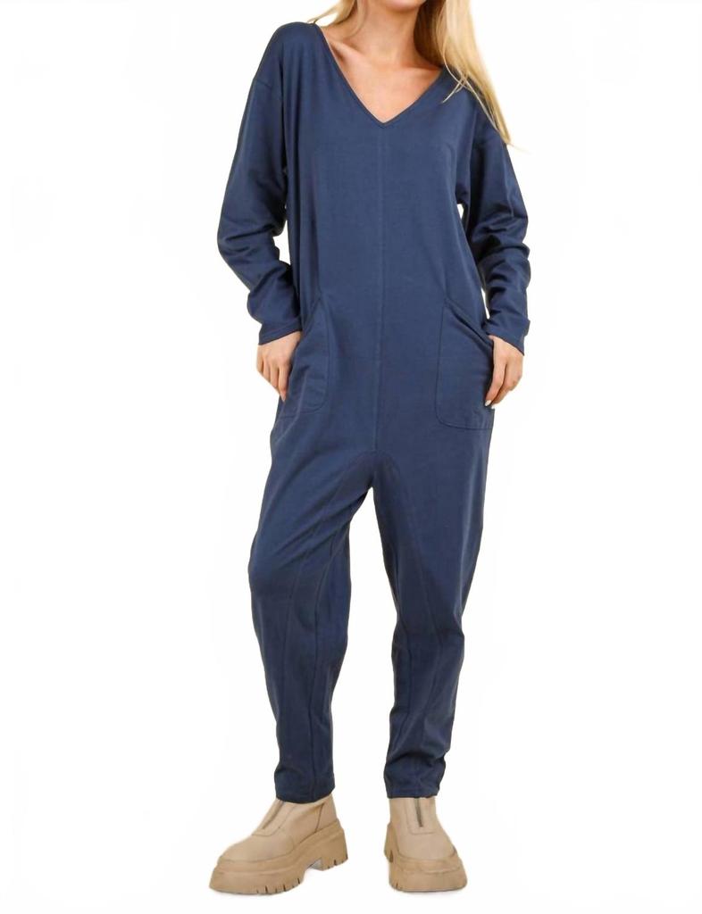 New In Solid Knit Baggy Jumpsuit In Blue