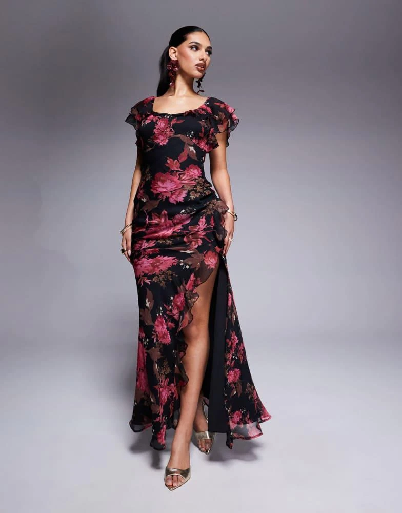 ASOS ASOS DESIGN ruffle flutter sleeve maxi dress with side split in pink  floral print - Dresses & Skirts - Free Shipping - BeyondStyle