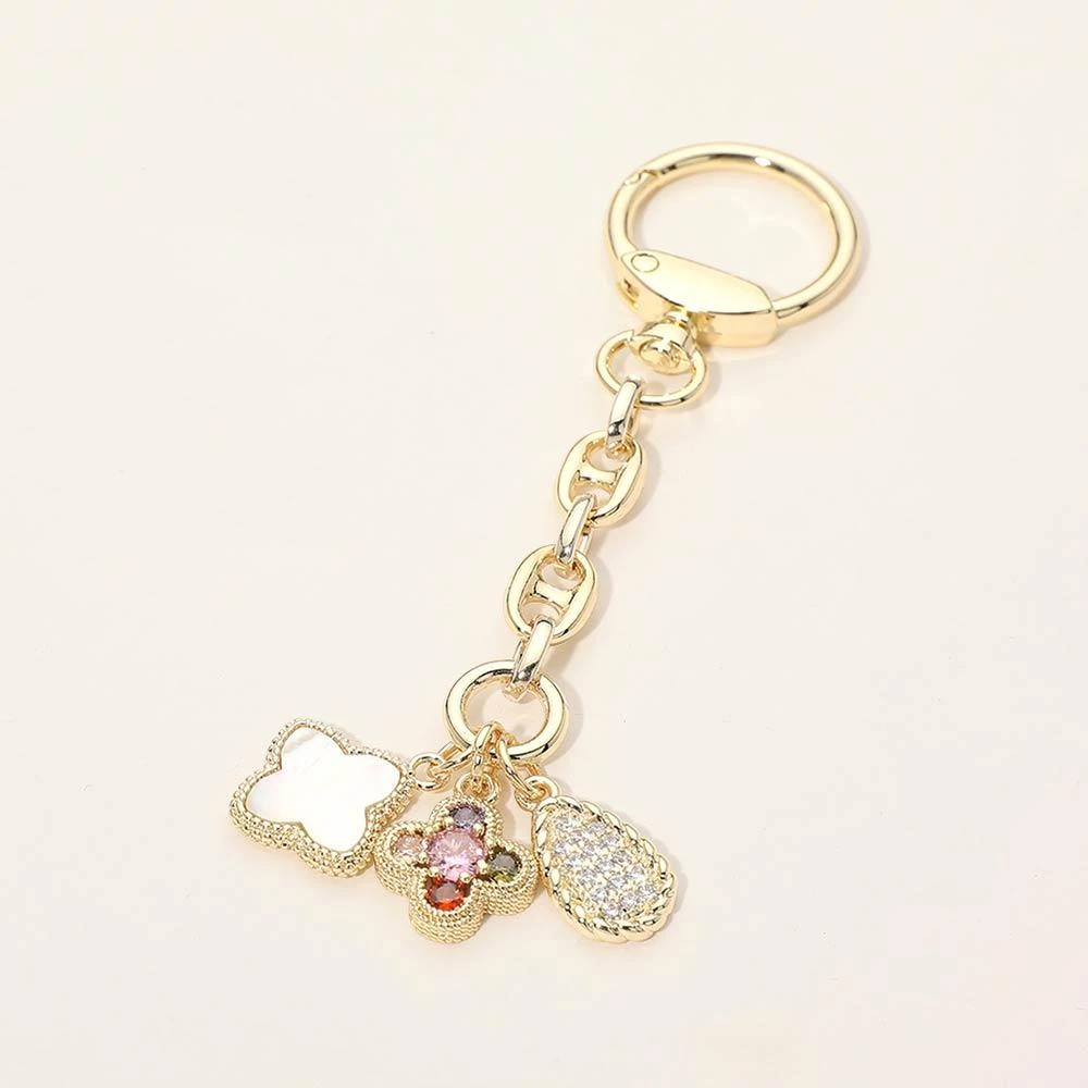 FASHNZFAB 14K Gold Plated CZ Mother of Pearl Floral Charm Drop Bag Charm Keychain