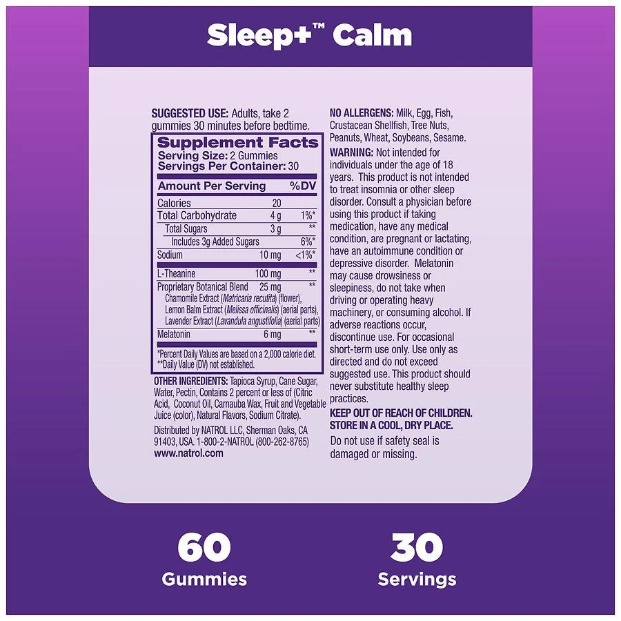 Natrol Sleep+ Calm, Melatonin and L-Theanine, Gummies Strawberry 6