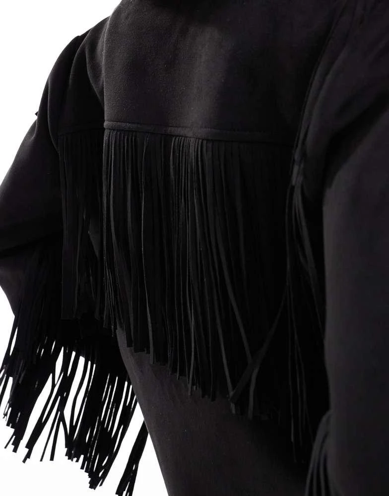 New Look New Look fringe collarless suedette jacket in black 3