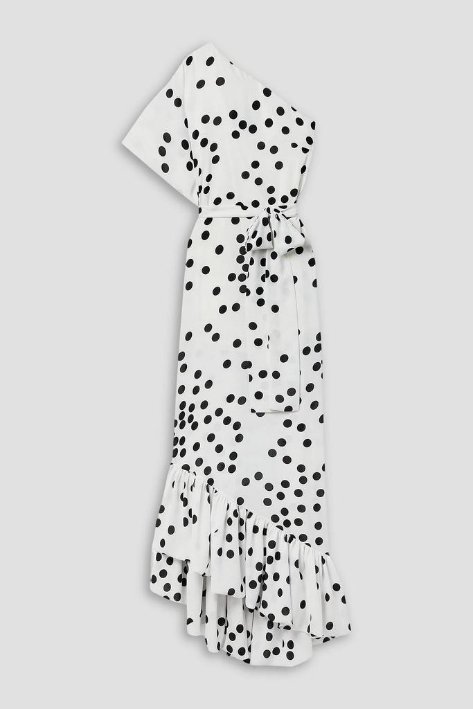 Monique Lhuillier One-shoulder belted ruffled polka-dot crepe gown