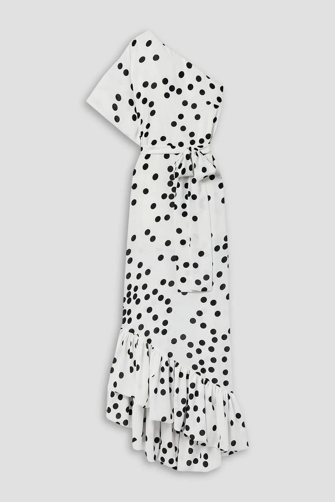 Monique Lhuillier One-shoulder belted ruffled polka-dot crepe gown 1