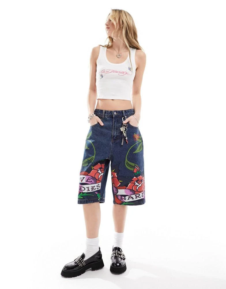 Ed Hardy Ed Hardy relaxed skater longline denim shorts with peachy bum print 1