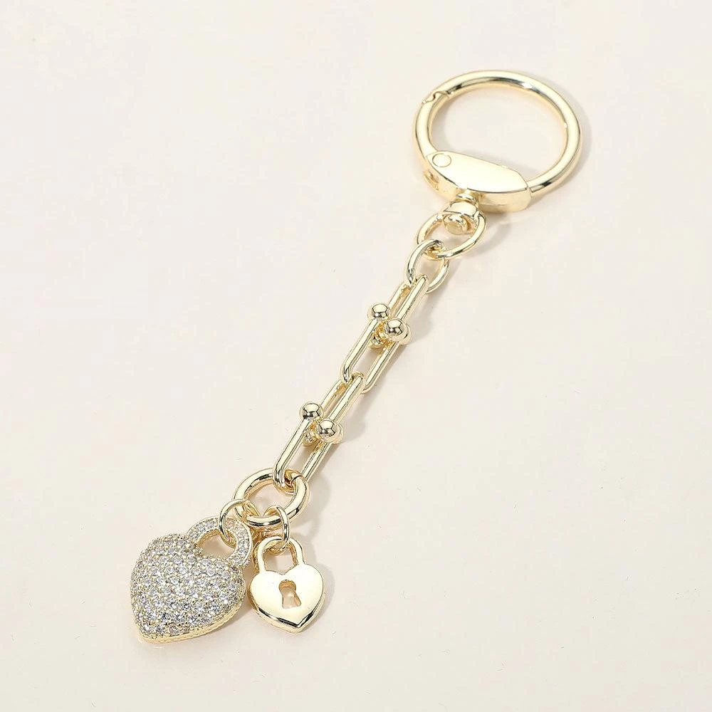 FASHNZFAB 14K Gold Plated CZ Stone Pave Heart Charm Drop Keychain Bag Charm