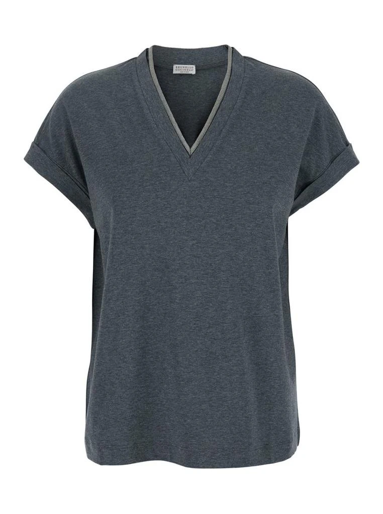 Brunello Cucinelli Grey V Neck T-Shirt With Monile Detail On The Neck In Cotton Woman 1