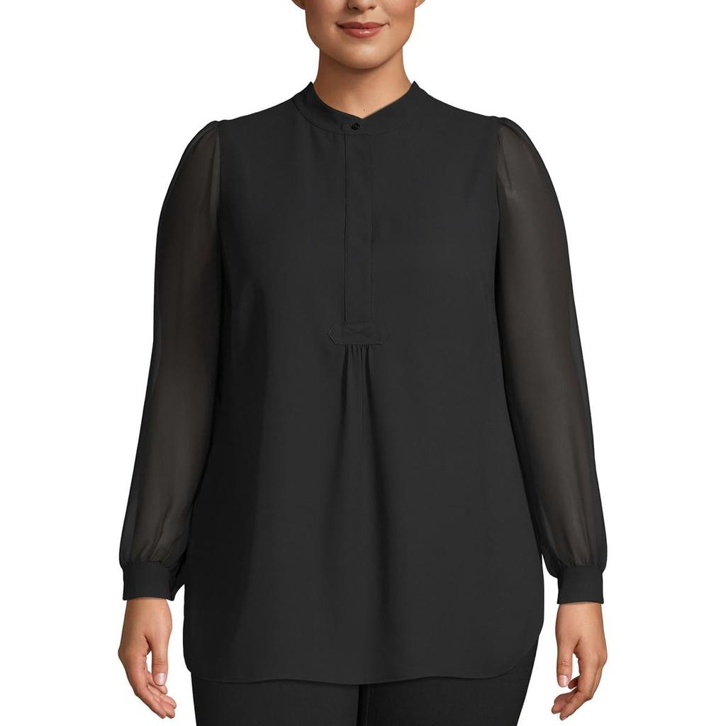 Anne Klein Womens Sheer Long Sleeve Button-Down Top