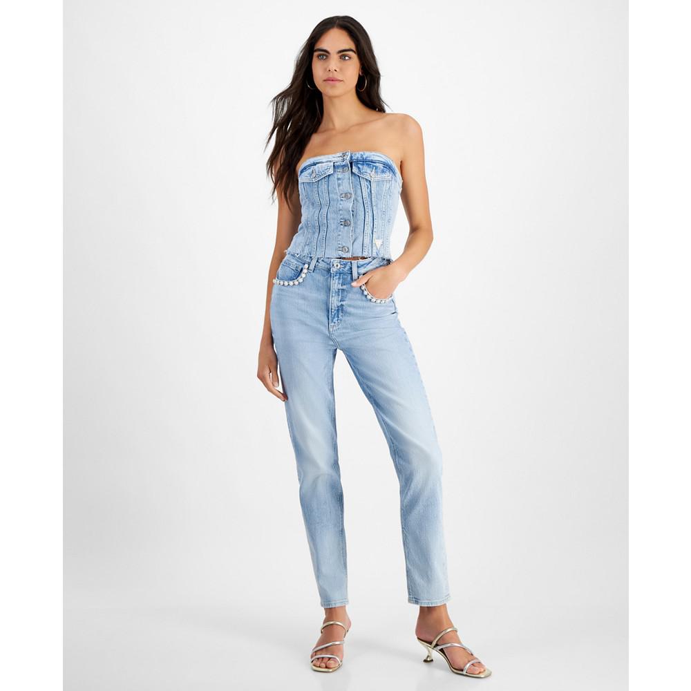 GUESS Women's High Rise Embellished Mom Jeans
