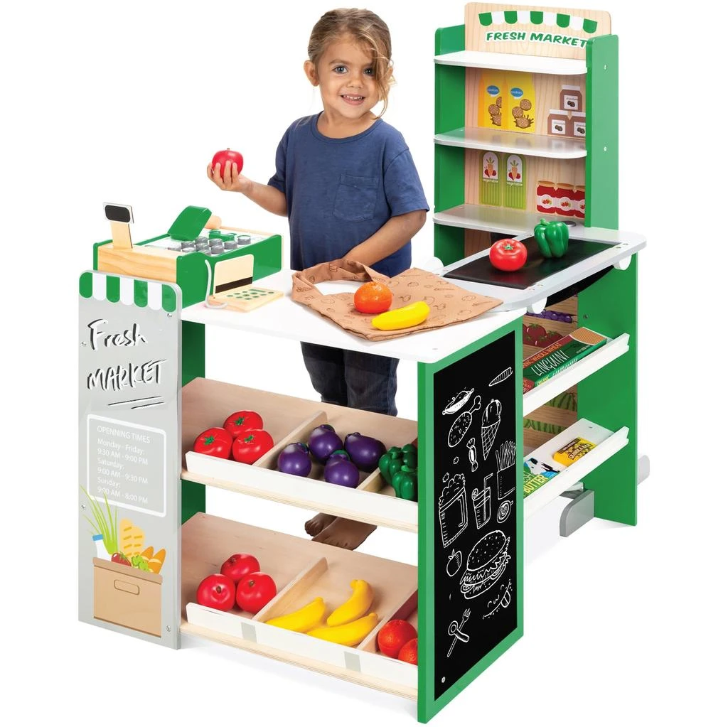 Best Choice Products Kids Pretend Play Grocery Store Wooden Supermarket Set w/ Chalkboard, Cash Register 1