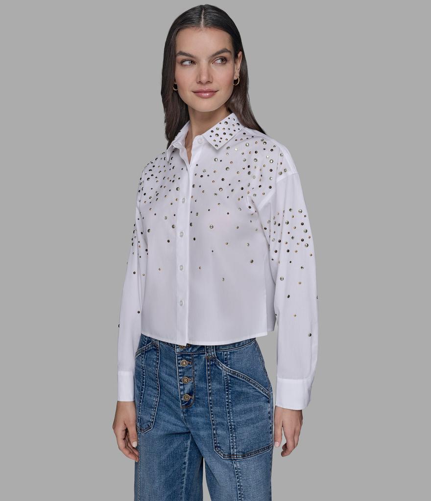 Karl Lagerfeld Paris LONG SLEEVE CROP STUDDED POPLIN SHIRT