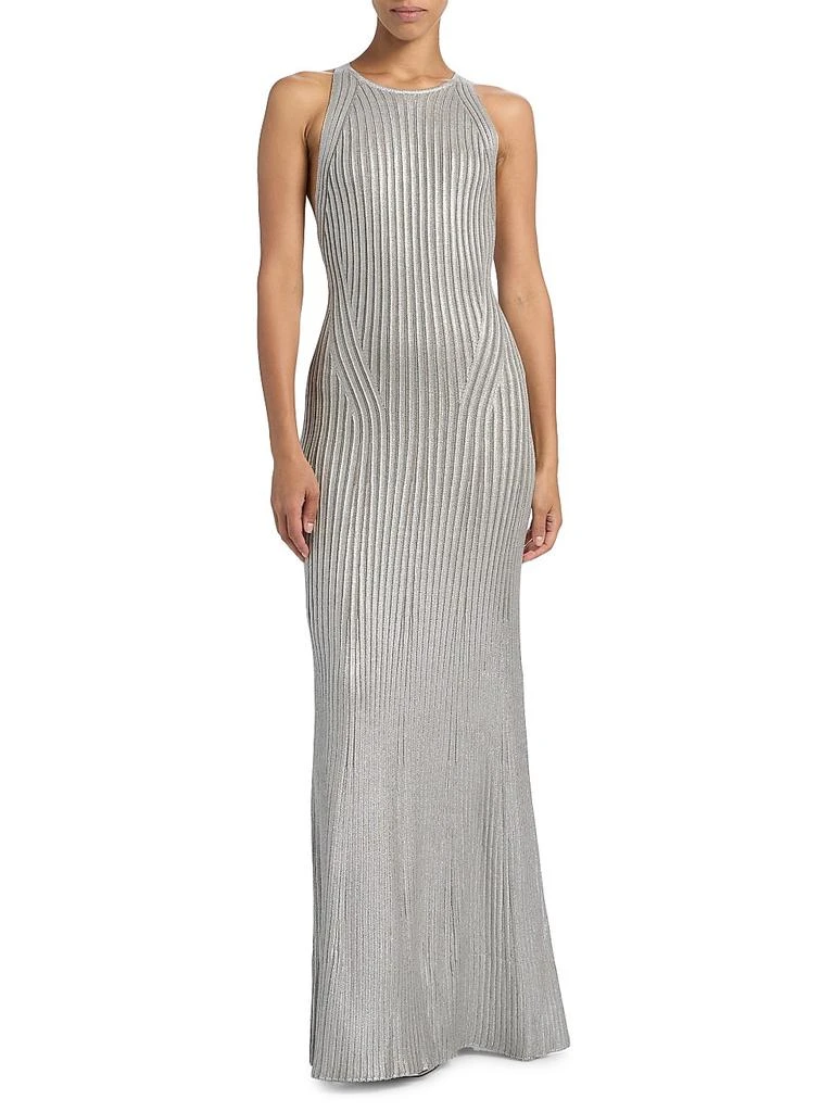 Ralph Lauren Women's Foiled Rib-Knit Sleeveless Evening Dress - Size M in Pearl Grey Melange/Pallad Ralph Lauren Women's Foiled Rib-Knit Sleeveless Evening Dress - Size M in Pearl Grey Melange/Pallad