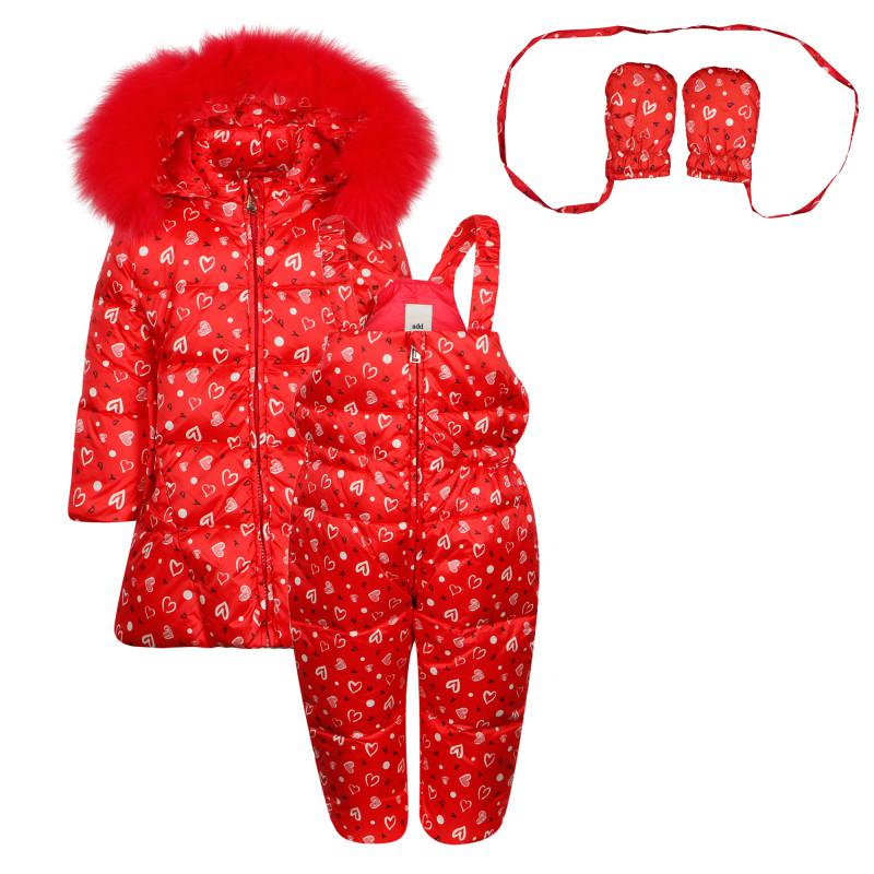 ADD Heart print jacket mittens and dungarees set in red
