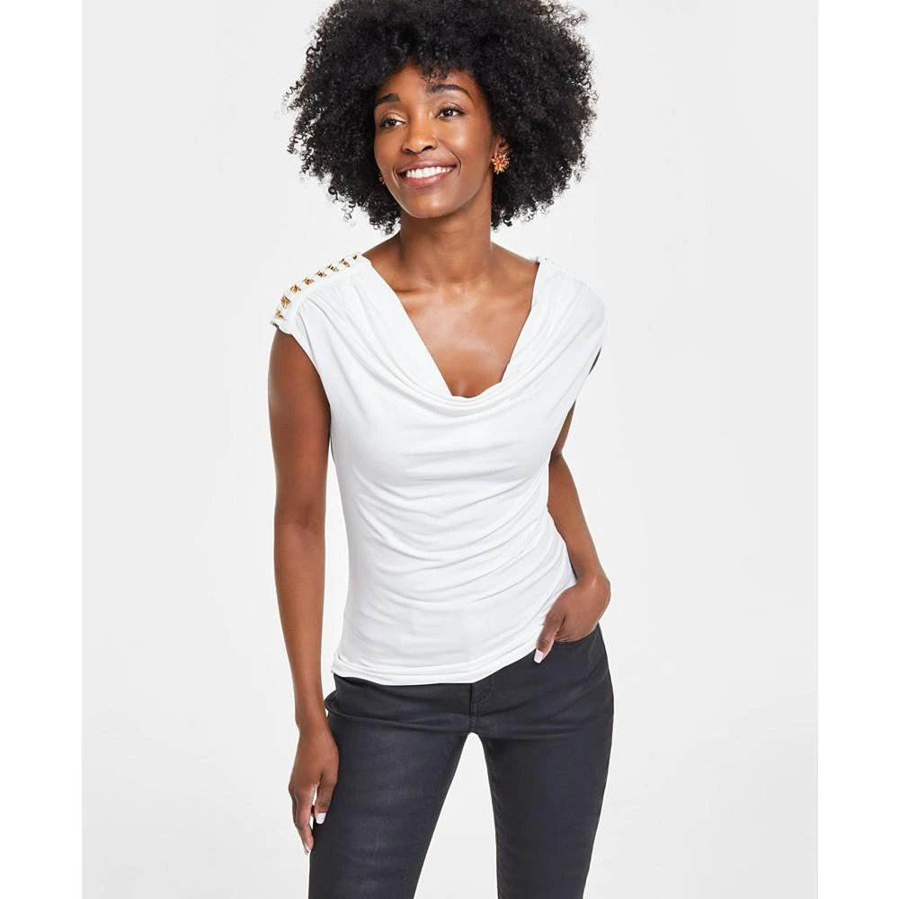 INC International Concepts Women's Cotton Bold Shoulder Tie Front Top White Size Large