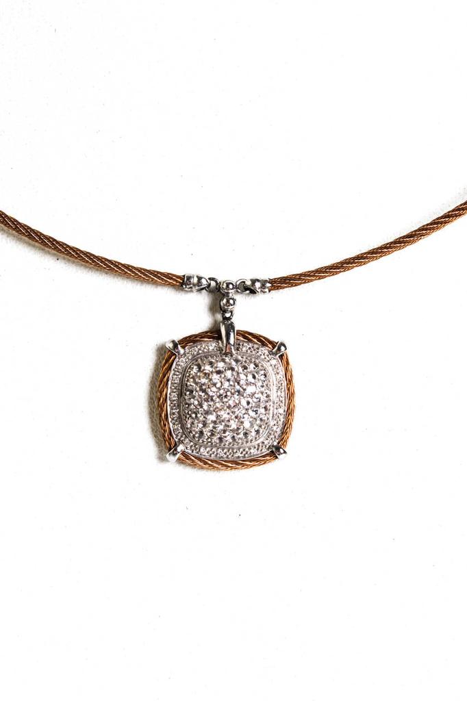 Charriol Womens Steel 18K White Gold Accent Topaz Pave Diamond Accent Square Pendant Necklace 17"