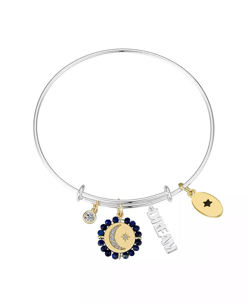 Unwritten Cubic Zirconia Moon and Star Silver Plated "Dream" 14K Gold Plated Charm Bangle Bracelet