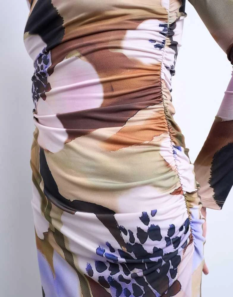 topshop floral long sleeve dress Topshop long sleeve ruffle neck maxi dress in blurred rusty floral