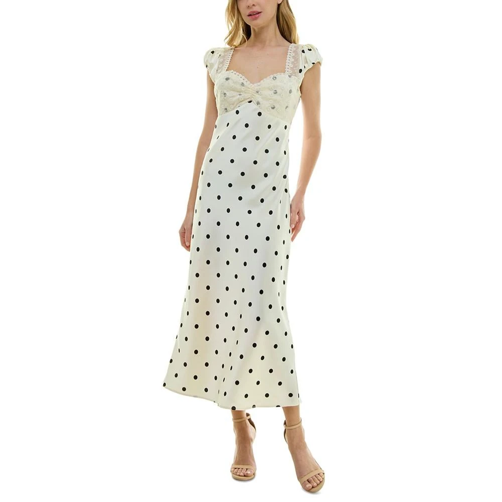 Crystal Doll Juniors' Polka Dot Lace-Trim Satin Maxi Dress 1