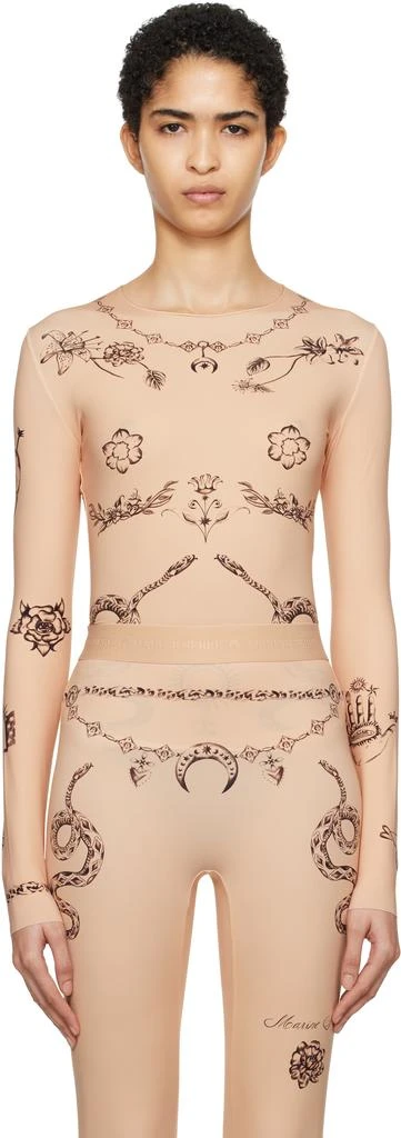 MARINE SERRE Beige Tattoo Printed Jersey Second Skin Crewneck Top 1