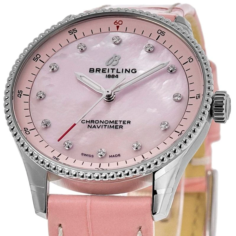 BREITLING Navitimer 32 Pink Pearl Diamond Dial Leather Strap Women's Watch A77320D91K1P1 2