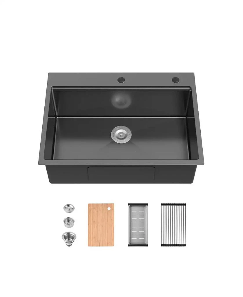 Flynama 30x22inch Black Stainless Steel Kitchen Sink Single Bowl Overmount Handmade
