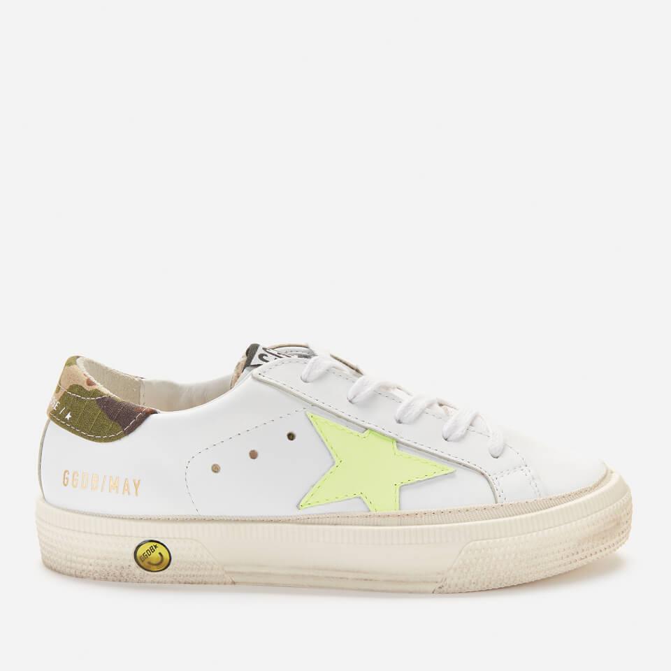 undefined GOLDEN GOOSE KIDS' LEATHER UPPER STAR AND HEEL TRAINERS - WHITE/FLUO YELLOW/GREEN CAMOUFLAGE