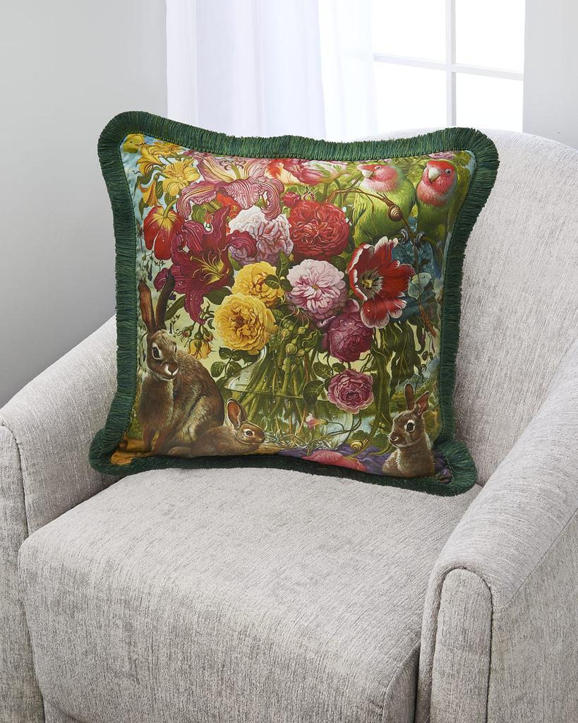 Yana Movchan Floral with Bunnies Fringe Silk Pillow