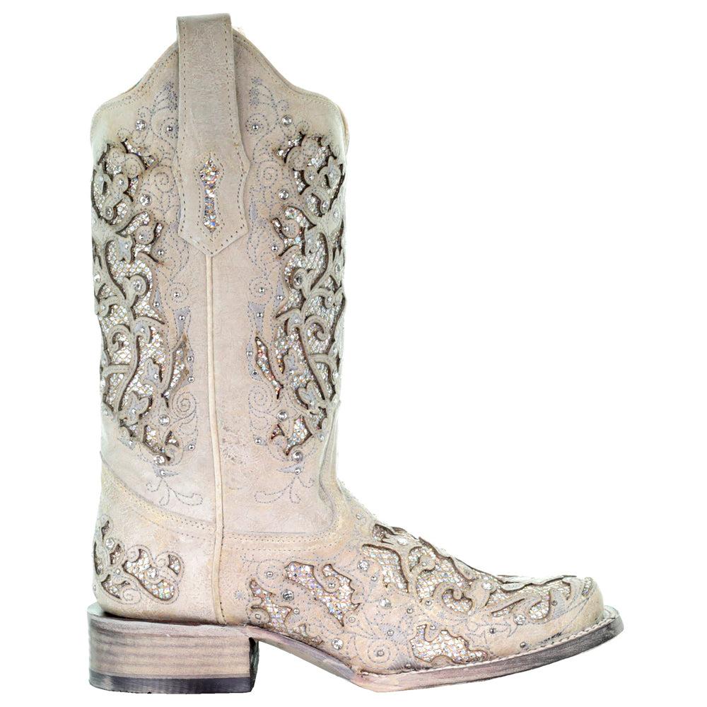 Corral Boots Glitter Studded Tooled-Inlay Square Toe Cowboy Boots