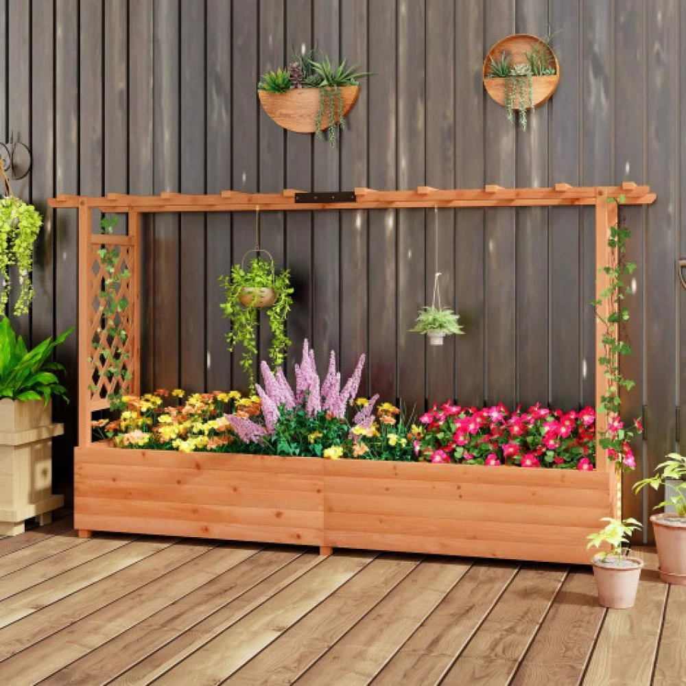 Hivvago Raised Garden Bed with Side Trellis Hanging Roof and Planter Box-Orange 1