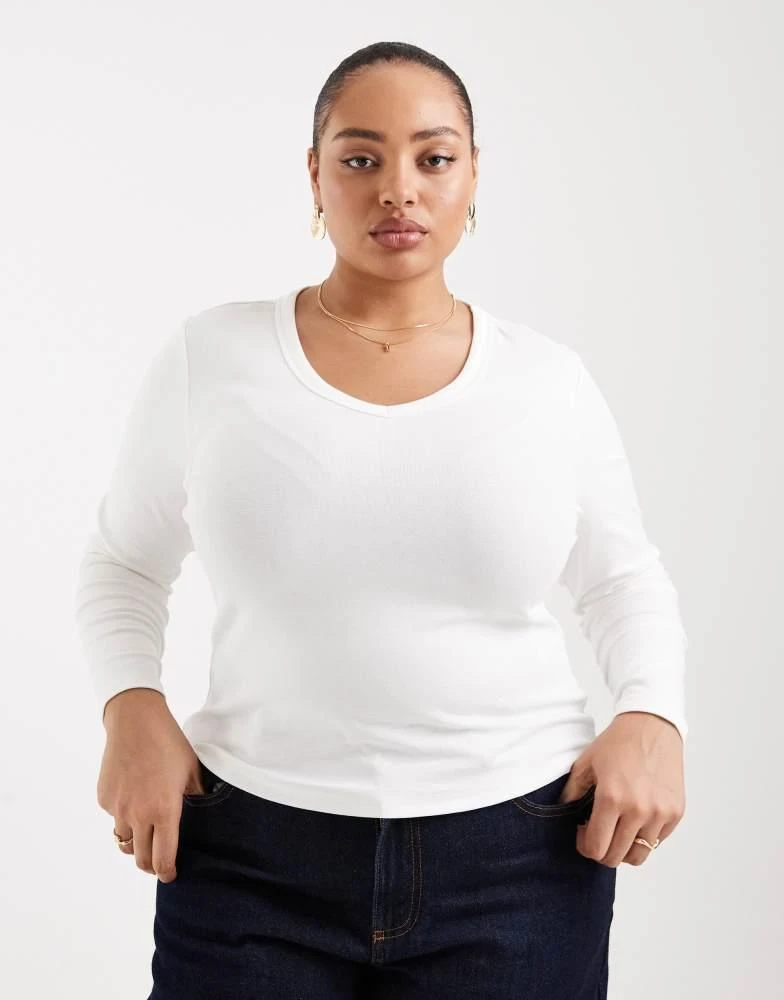 ONLY Curve ONLY Curve v-neck long sleeve top in white