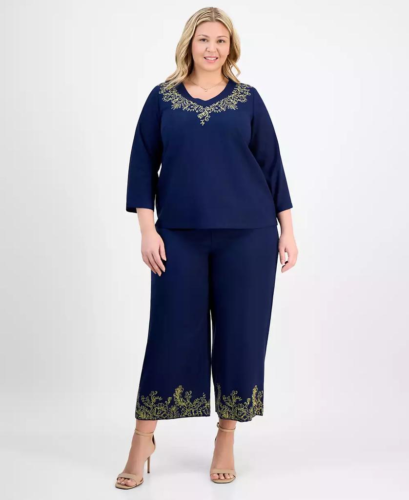 JM Collection Plus Size Metallic Embroidered V-Neck Top, Exclusively at Macy's