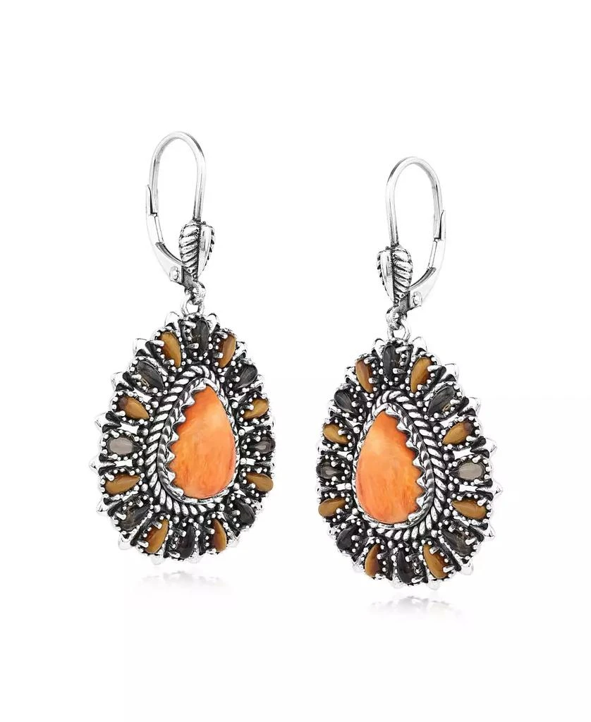 American West Jewelry Sterling Silver Orange Spiny Oyster, Tiger
s Eye, and Smoky Quartz Cluster Pear Shaped Dangle Earrings