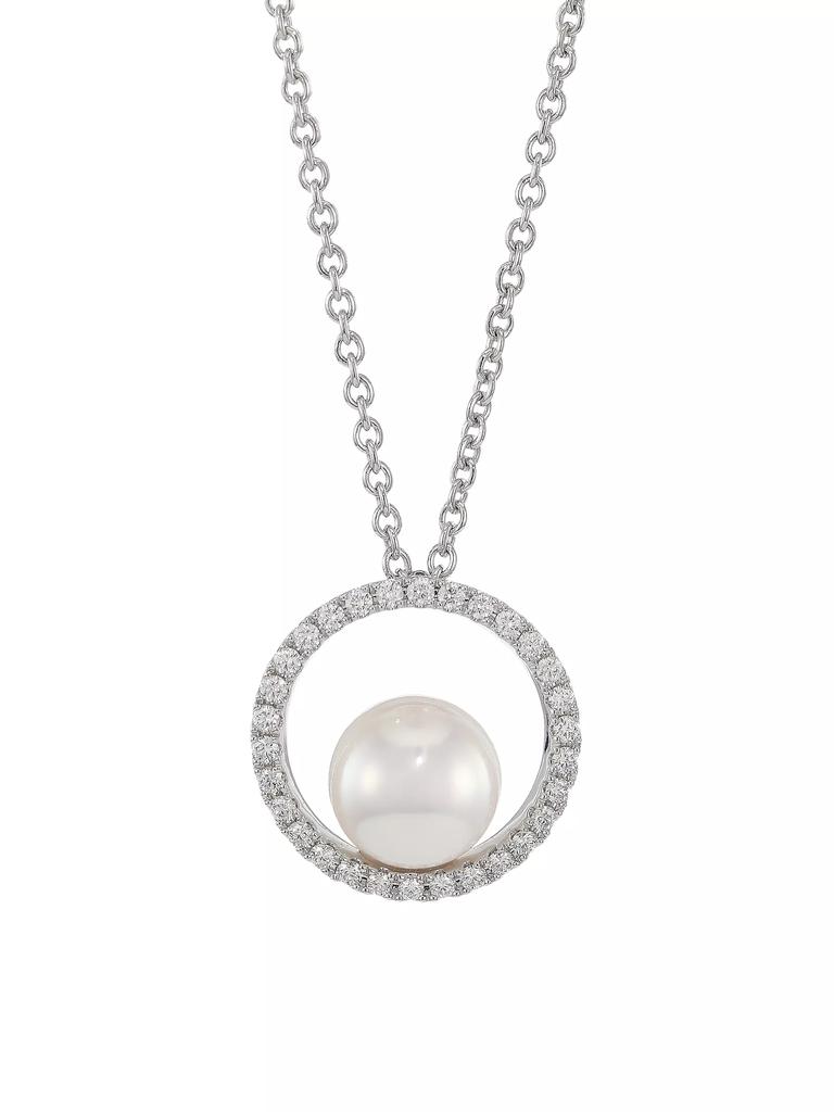 Mikimoto Japan 18K White Gold, 7MM White Cultured Akoya Pearl & Diamond Pendant Necklace