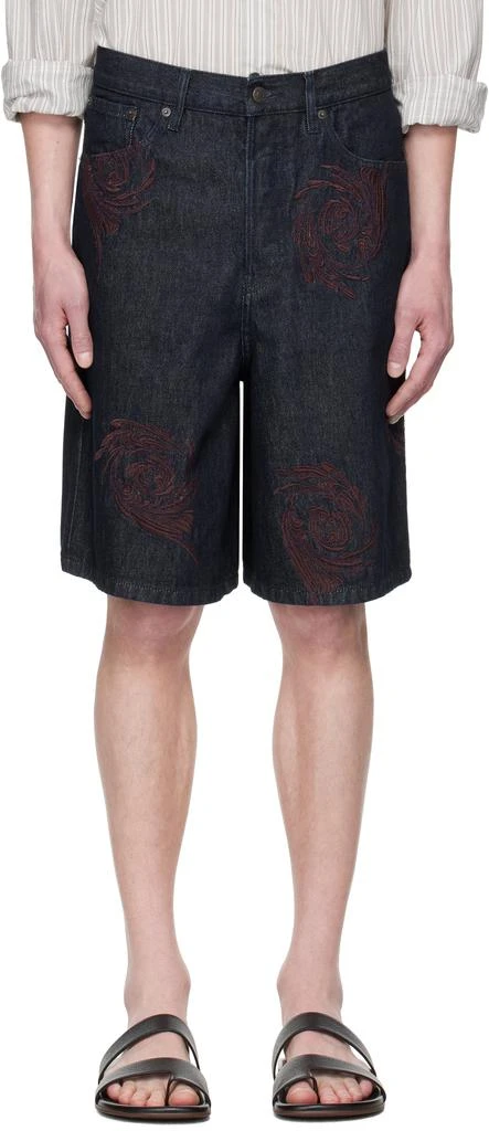 Dries Van Noten Navy Embroidered Pattern Denim Shorts 1